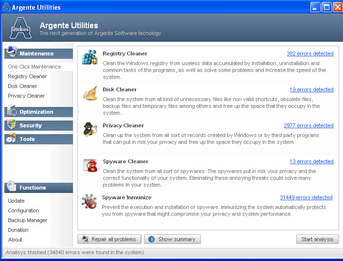 Argente Utilities default screen