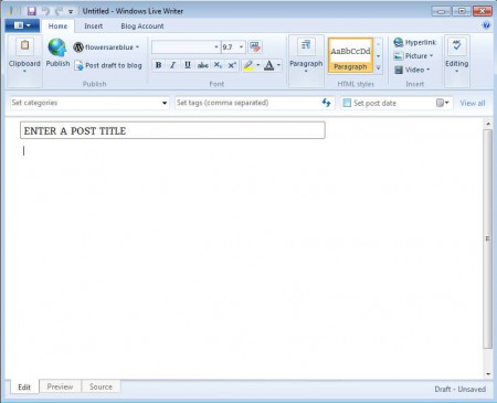 Windows Live Essentials 2012 Live Writer default window