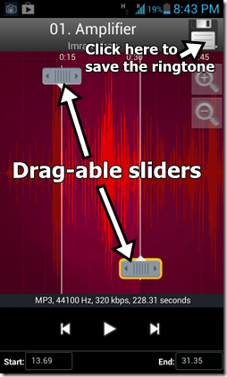 ringtone editor screen sliders