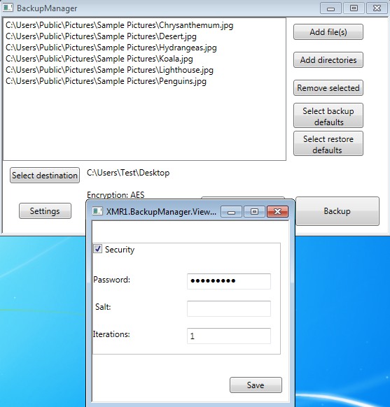 BackupManager selecting files password