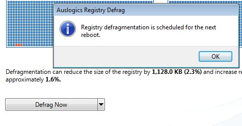 Auslogics Registry Defrag reboot