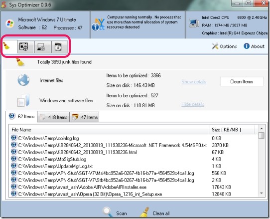 Sys Optimizer- interface