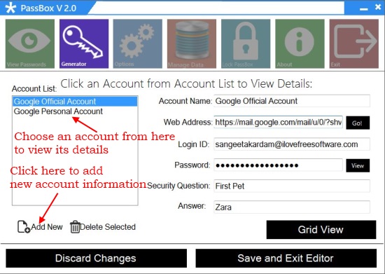 PassBox - Adding and Viewing Accounts