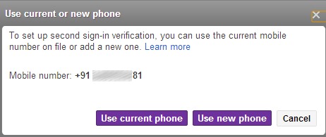 Two Step Authentication in Yahoo! Mail- use current or new phone option