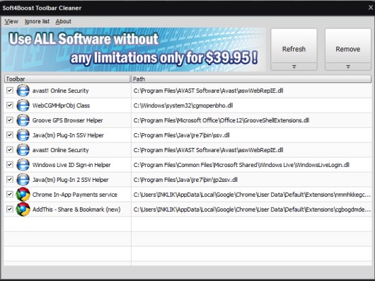 Soft4Boost Toolbar Cleaner- interface
