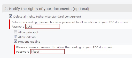 Conv2pdf- modify the rights of documents