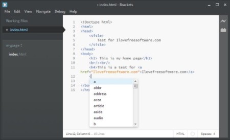 Free HTML code editor - Brackets - Interface