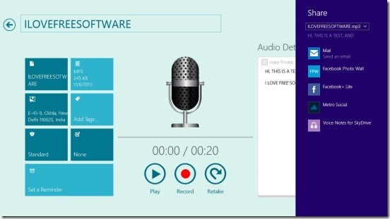 Voice Notes for SkyDrive - share charm