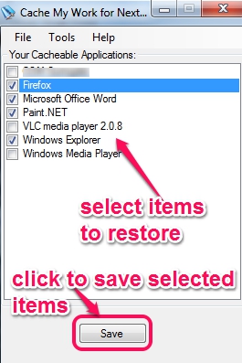 Cache My Work- select items to save