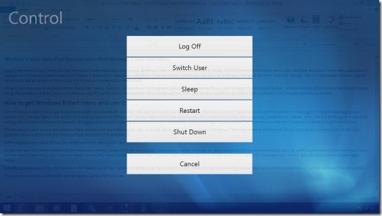 Spesoft Windows 8 start menu - power options