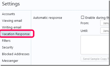 Yahoo Mail vacation Reponse Tab