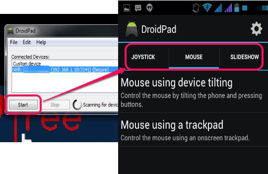 DroidPad- use Android as mouse or joystick