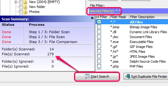 select file filters and start search