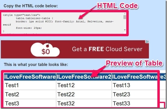 Tableizer HTML code