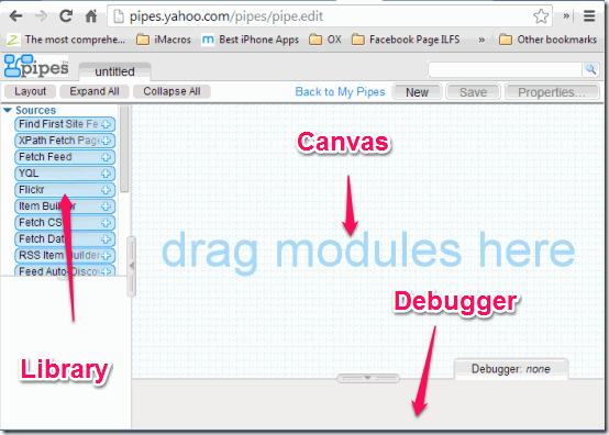 Yahoo Pipes Main Interface