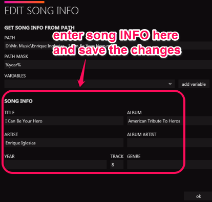 enter and save song INFO
