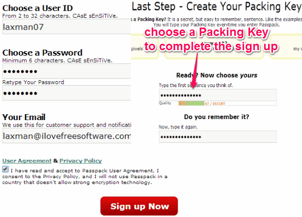sign up and choose a packing key