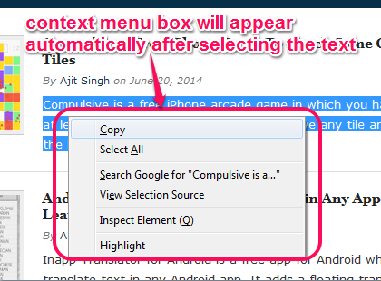 auto open context menu for selected text