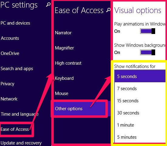 Change Notification Display Time-Ease of Access Charm Bar