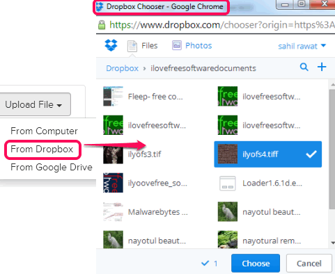 uploading files using Dropbox account