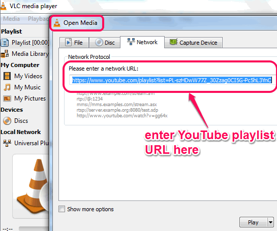 enter YouTube playlist URL in Network tab of Open Media window