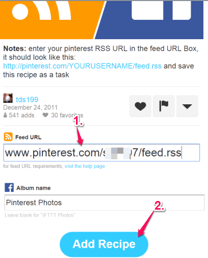 add Pinterest rss feed and add recipe