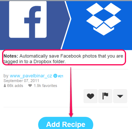 add recipe to automatically save Facebook photos you are tagged in to your Dropbox account