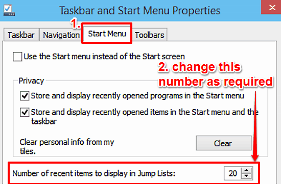 windows 10 change number of recent items in jump lists