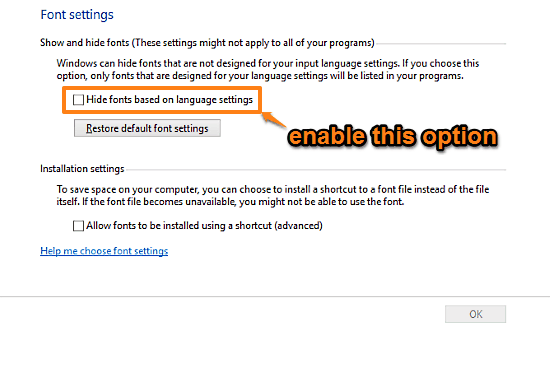 windows 10 hide incompatible fonts in programs