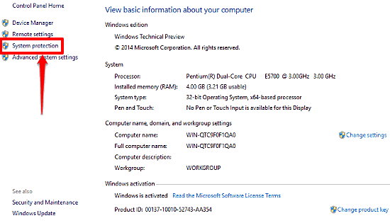 windows 10 system protection access