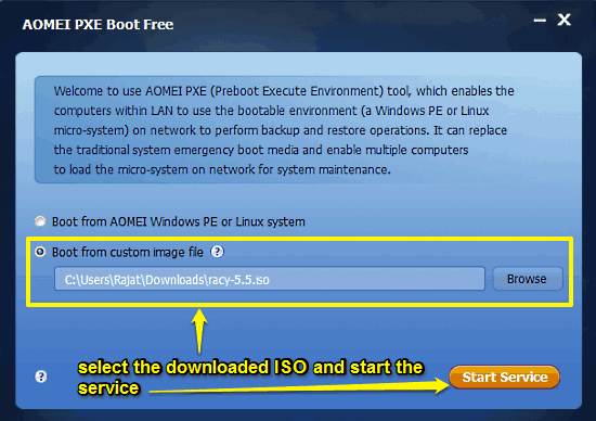 aomei start and select iso