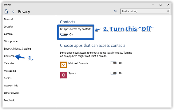 windows 10 disable contacts access by apps