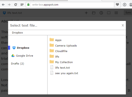 Writebox- edit text files stored in your Dropbox account