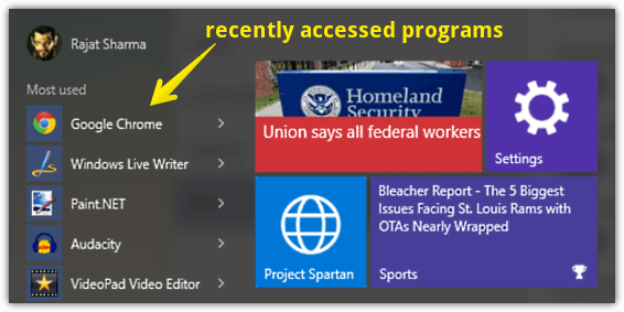 start menu recently accessed programs
