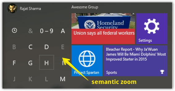 start menu semantic zoom