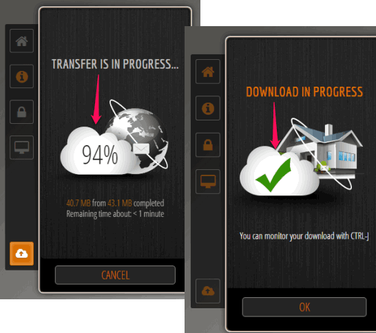 Transfer and download process to share large files