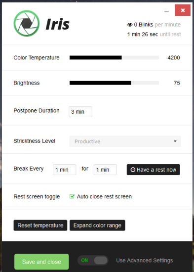 Iris- full interface with advanced settings