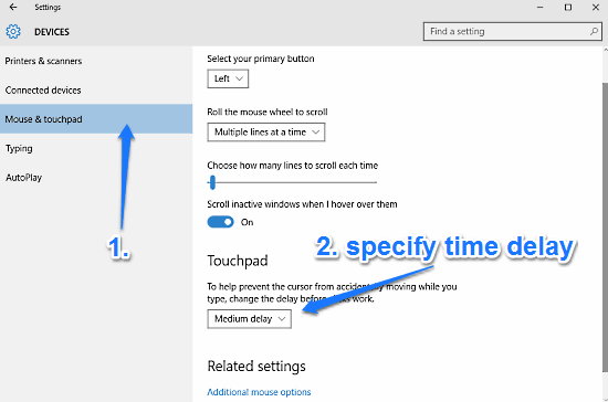 windows 10 configure touchpad delay