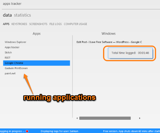 running applications and logged time