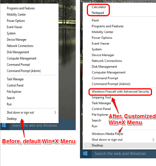 comparison of default and customized Win+X menu of Windows 10