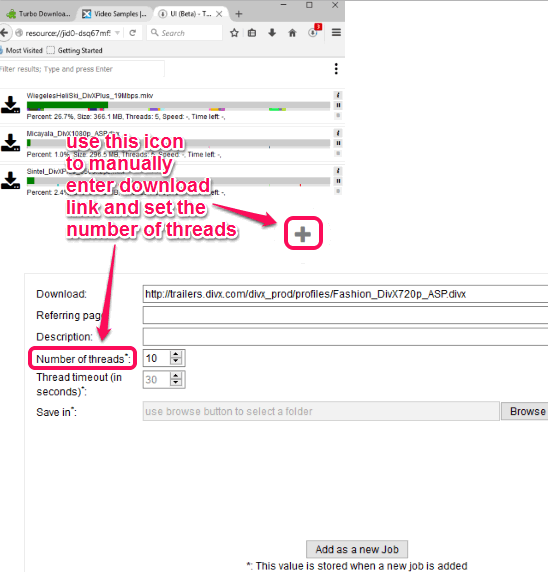 manually enter download link and set number of threads
