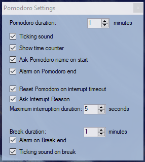 Pomodoro Timer Settings window