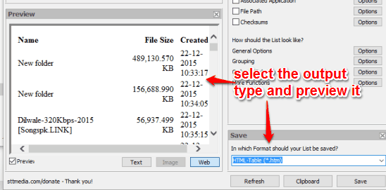 select output format and preview