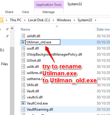 rename Utilman.exe file