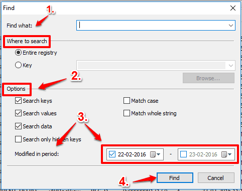 select options and dates to find Registry Changes