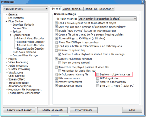 KMPlayer Multiple Instance Setting Window 