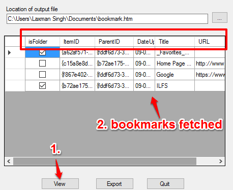 click view button to fetch bookmarks