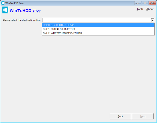 wintohdd choose destination drive