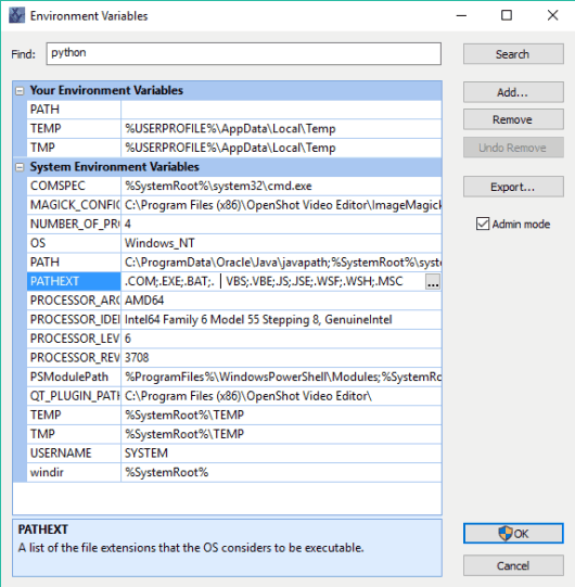 environment variable editor interface