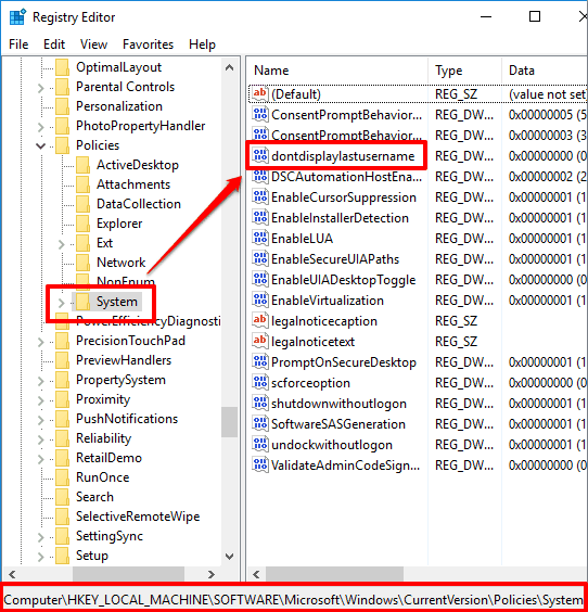 access System key and then dontdisplaylastusername value